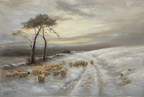 Oil Painting Sheep in the snow Signed