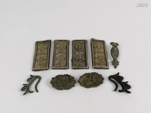 A set of Chinese archaic silver/metal mount and earrings (9)