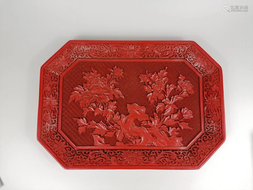 Vintage old Chines cinnabar lacquer rectangular tray plate