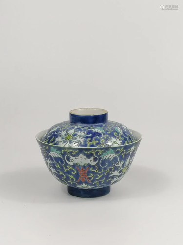 A Chinese blue ground famille rose Lotus bowl