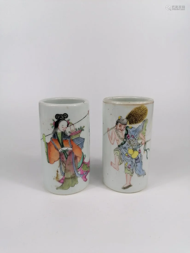 Two Chinese famille rose brush pot