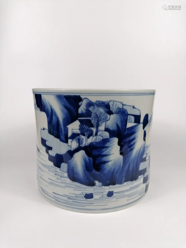 A Chinese large blue and white Bitong brush pot