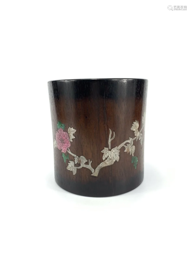 Chinese Zitan Brush Pot inlay mother of pearls