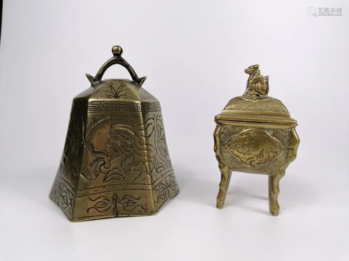 A Chinese bronze bell and censer