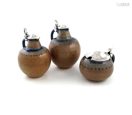 A German silver-mounted stoneware condiment set, by Jakob Gr...