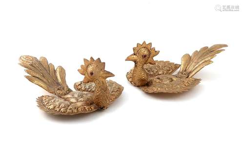 A pair of Chinese silver-gilt Phoenix birds, marked with Chi...