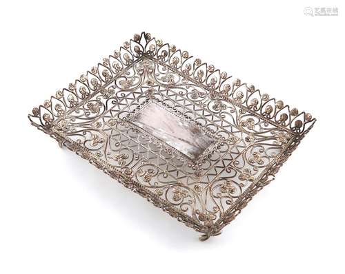 A metalware filigree dressing table tray, unmarked, rectangu...