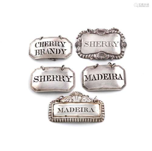 A collection of five antique silver wine labels, comprising:...