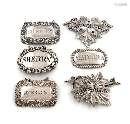 A collection of six antique silver wine labels, comprising: ...