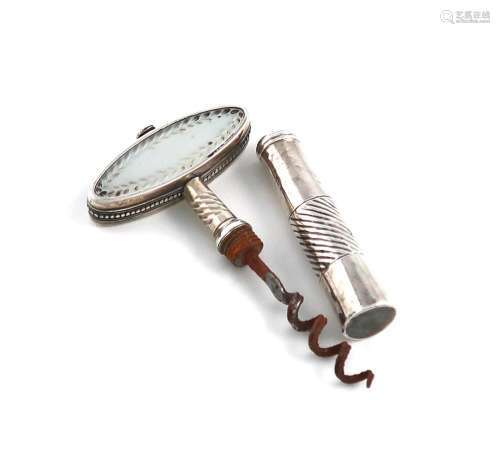 An early 19th century silver and mother-of-pearl corkscrew, ...