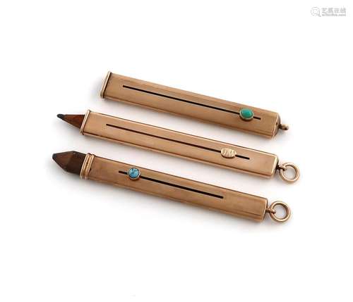 Three 9 carat gold carpenters pencils, including: one by Jor...