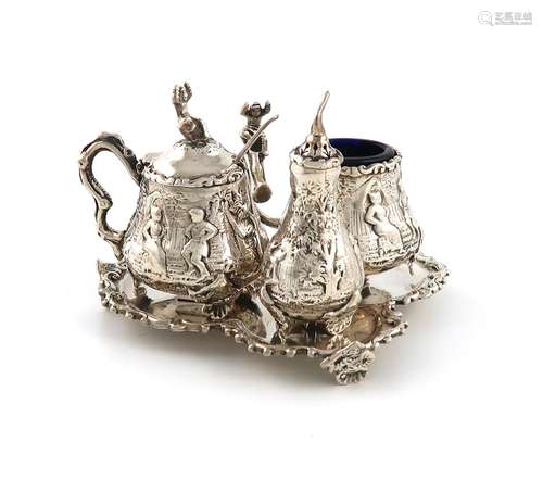 A Victorian three-piece silver cruet set on stand, by George...