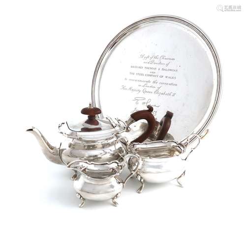 A presentation silver salver and a three-piece bachelors tea...