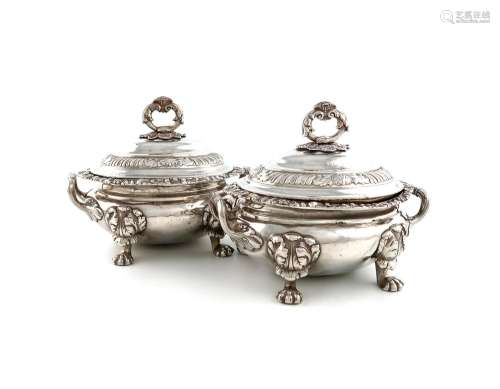 A pair of George IV Regimental silver two-handled sauce ture...