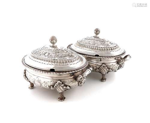 A pair of George III Irish Regimental silver sauce tureens a...