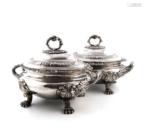 A pair of George IV Regimental silver two-handled soup turee...