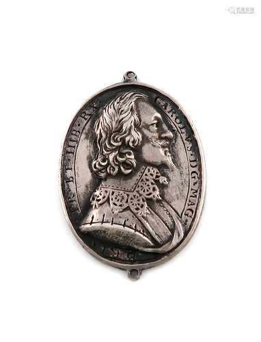 Charles I: a cast silver Royalist Badge, oval, 41 x 28mm, bu...