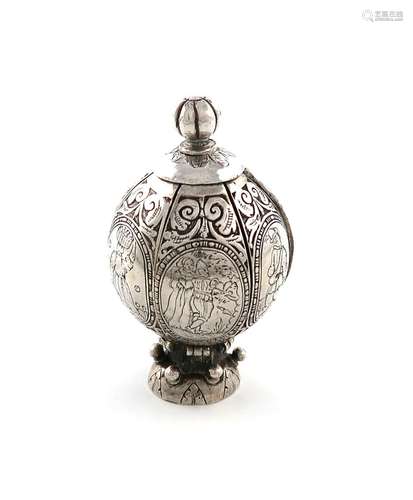 A 17th century German silver pomander, unmarked, baluster sh...