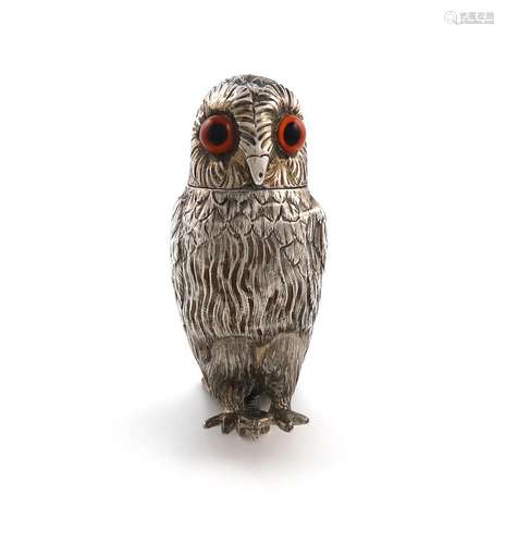 A Victorian novelty silver owl mustard pot / inkwell, probab...