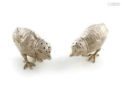 A pair of novelty Edwardian silver chick pepper pots, by Wil...