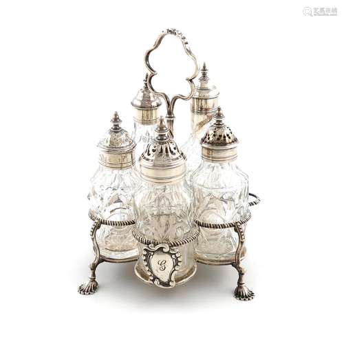 A George III silver five-bottle cruet frame, London 1768, ci...