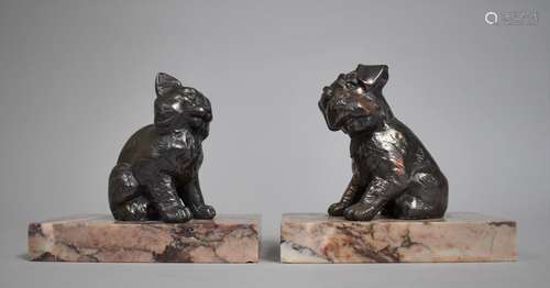 A Pair of Art Deco Spelter Bookends, Cat and Dog Set on Rect...