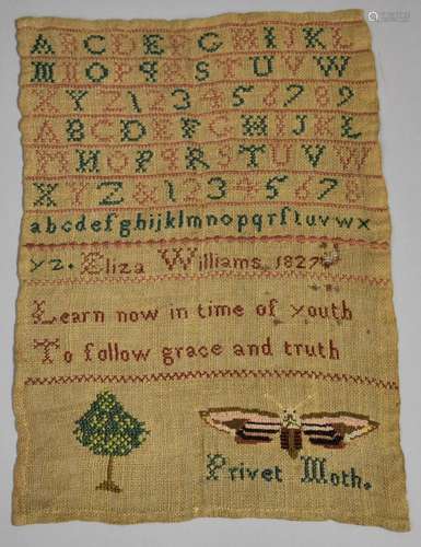 An Early 19th Century Unframed Alphabet Sampler Dated 1827 b...