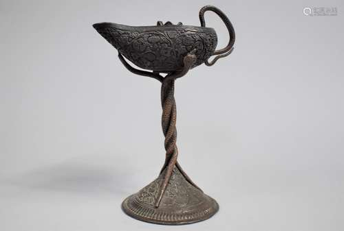 An Indian Bronze Altar Offering Oil Lamp/Jug with Central Ca...