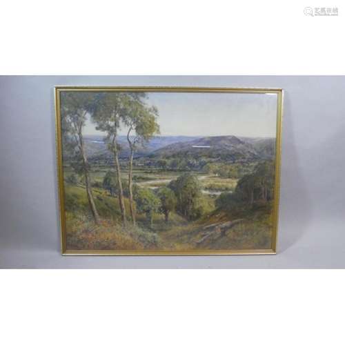 A Large Framed Watercolour Depicting Wooden Valley Landscape...