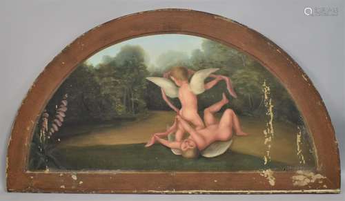 A Mounted but Unframed Arched Oil on Canvas Depicting Cherub...