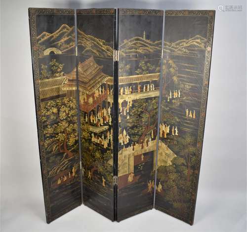 A 19th Century Chinese Four Leaf Black Lacquered Screen Deco...