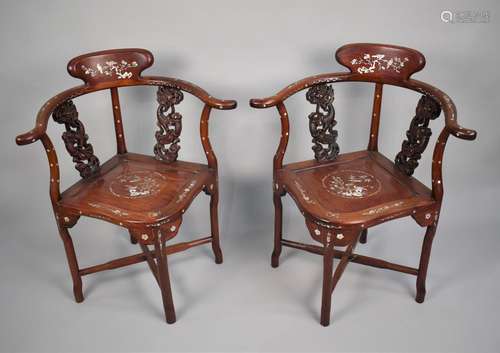 A Pair of Chinese Hardwood and Inlaid Mother of Pearl Slat B...