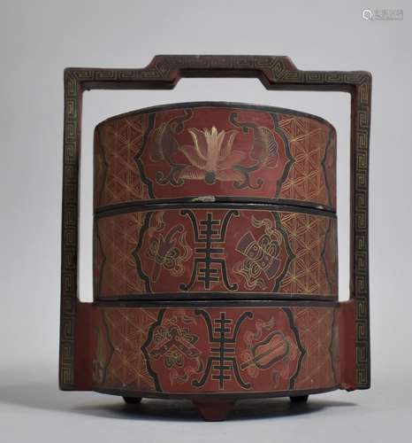 A 19th Century Chinese Red Lacquer Three Tier Food Basket, C...