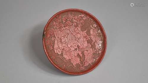 A Japanese Red Cinnabar Circular Card Tray on Three Feet, De...