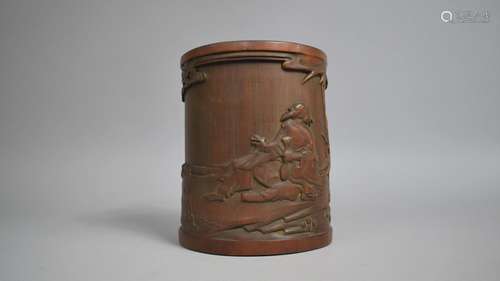 A Chinese Bamboo Brush Pot decorated in Carved Relief with F...