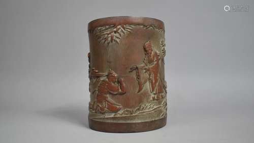 A Chinese Bamboo Brush Pot Decorated in Carved relief with C...