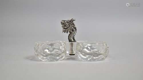 A Small Cut Glass Double Salt Cellar with Chinese White Meta...