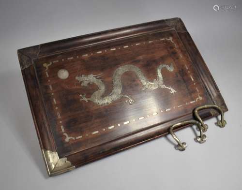 A Chinese Silver and Hardwood Tray, Having Inlaid Dragon and...