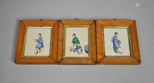 A Set of Three Maple Framed Chinese Pith Paper Paintings, Se...