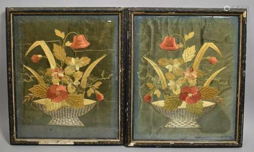 A Pair of 19th Century Chinese Embroidered Silk Panels, Bask...