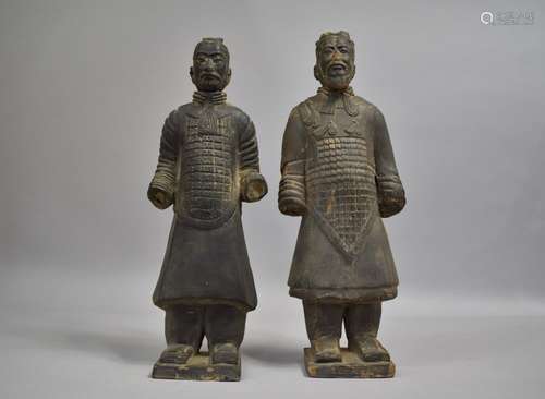 Two Chinese Black Painted Terracotta Army Figures, Condition...