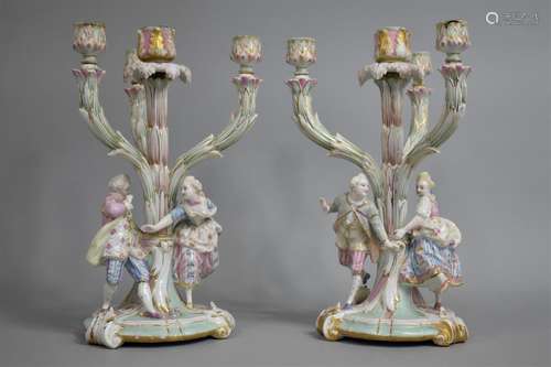 A Pair of Meissen Porcelain Three Branch Candelabras with Co...