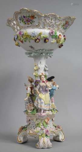 A Large Potschappel Porcelain Table Centre, The Floral Encru...