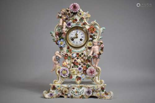 A Meissen Porcelain Mantel Clock Decorated with Applied Boca...