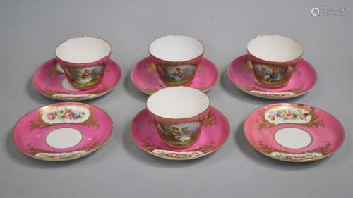 A Set of Four 18th Century Sevres Tea Cups on Pink Ground wi...