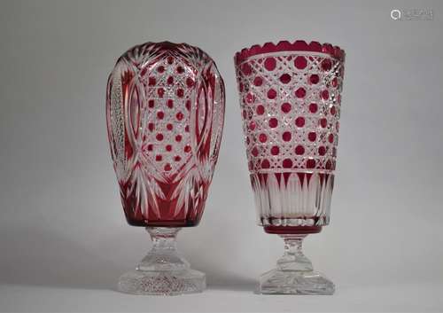 Two Large Bohemian Cranberry Overlay Cut Glass Pedestal Vase...