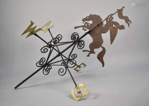 A Large Wrought Iron Weathervane with Jousting Knight Pedime...