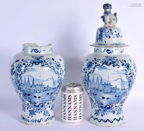 A PAIR OF 19TH CENTURY DELFT BLUE AND WHITE TIN GLAZED VASES...