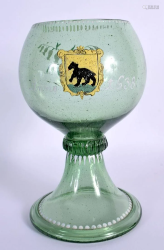 A 19TH CENTURY GERMAN GREEN GLAZED ARMORIAL GOBLET painted w...