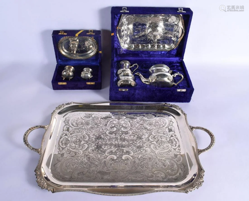 A LARGE SILVER PLATED TRAY together with two boxed sets. Lar...